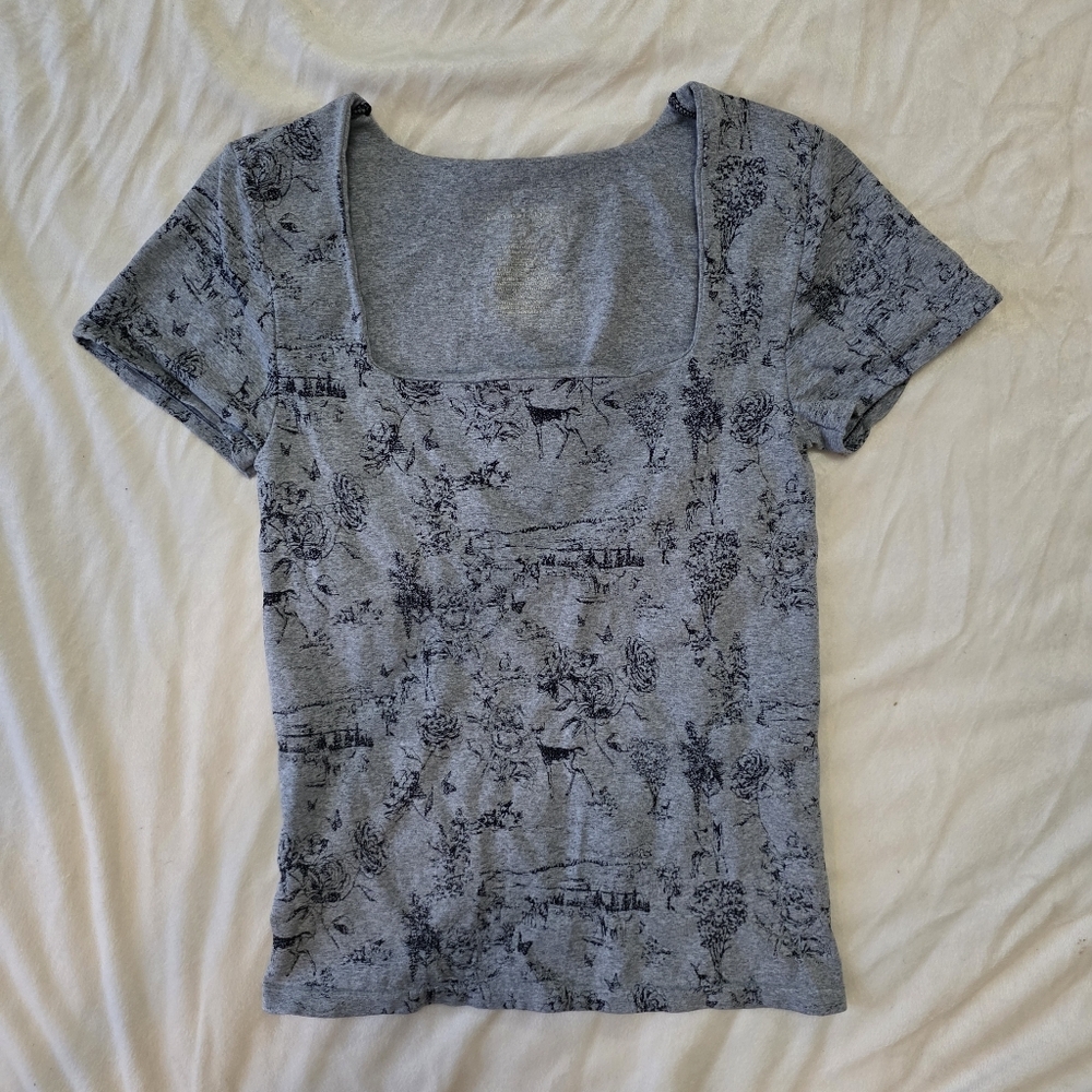 Intimately Free People Black & Gray Scenic Print Seamless T-Shirt Tee Top‎